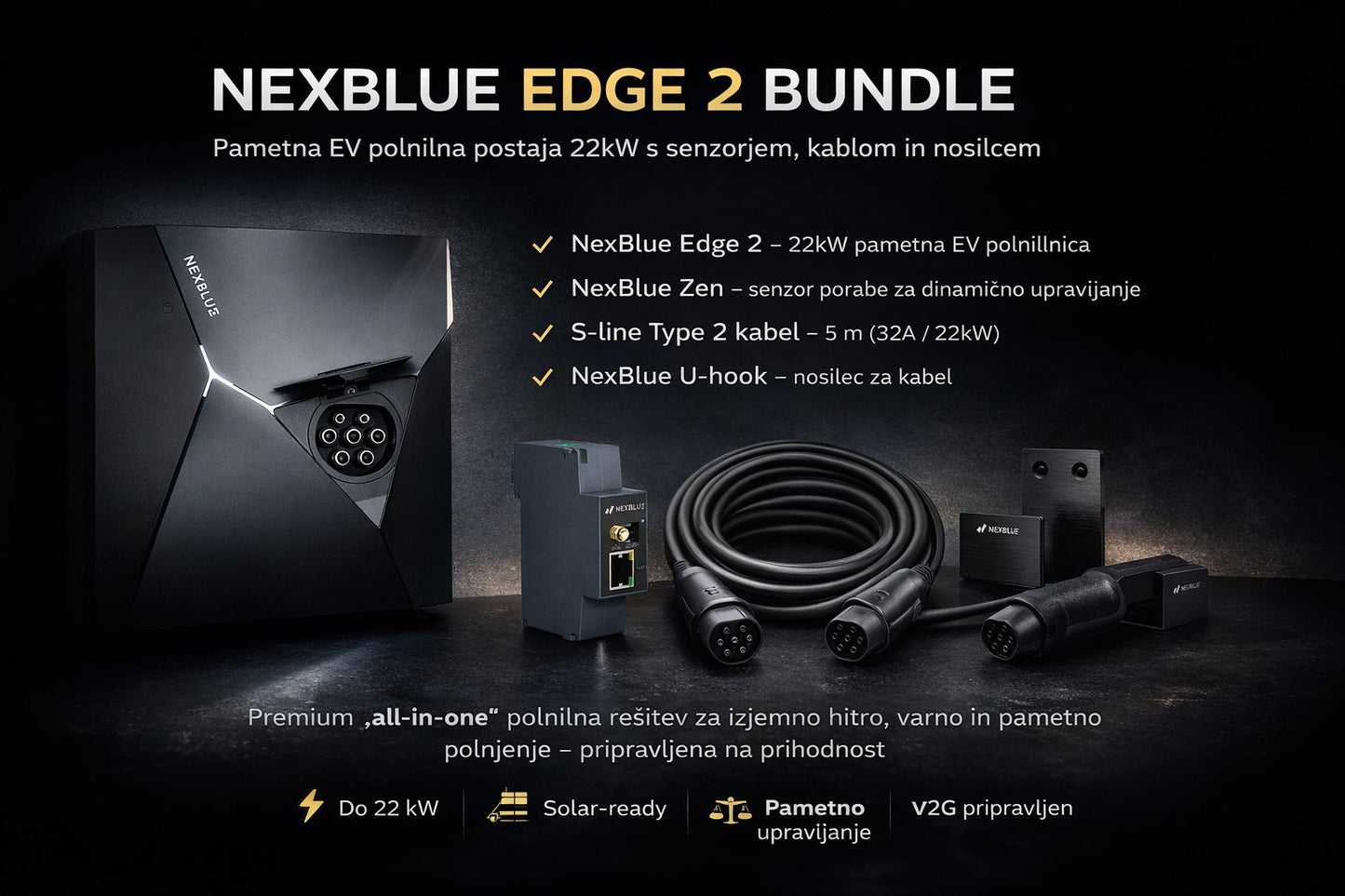 NEXBLUE EDGE 2 BUNDLE – PAMETNA EV POLNILNA POSTAJA 22kW S SENZORJEM, KABLOM IN NOSILCEM